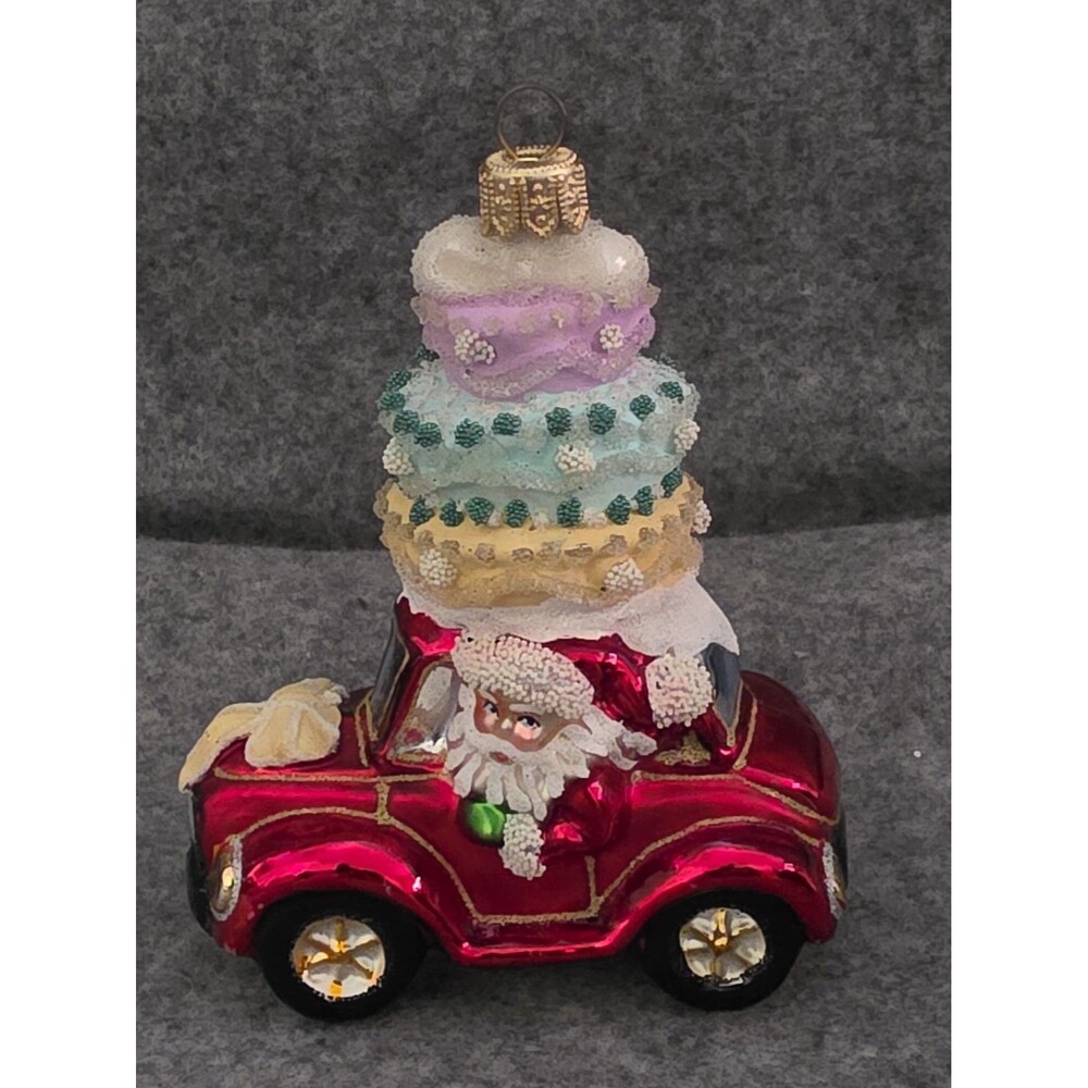 Blown Glass Santa In VW Beetle Christmas Ornament. Cake On Top.